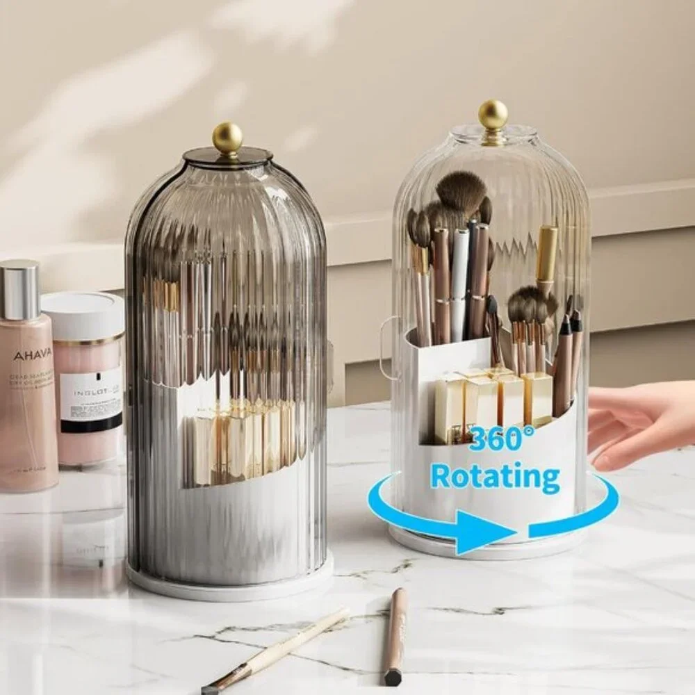 New 360° Rotating Makeup Brush Holder, Waterproof White-Clear Vanity Organizer